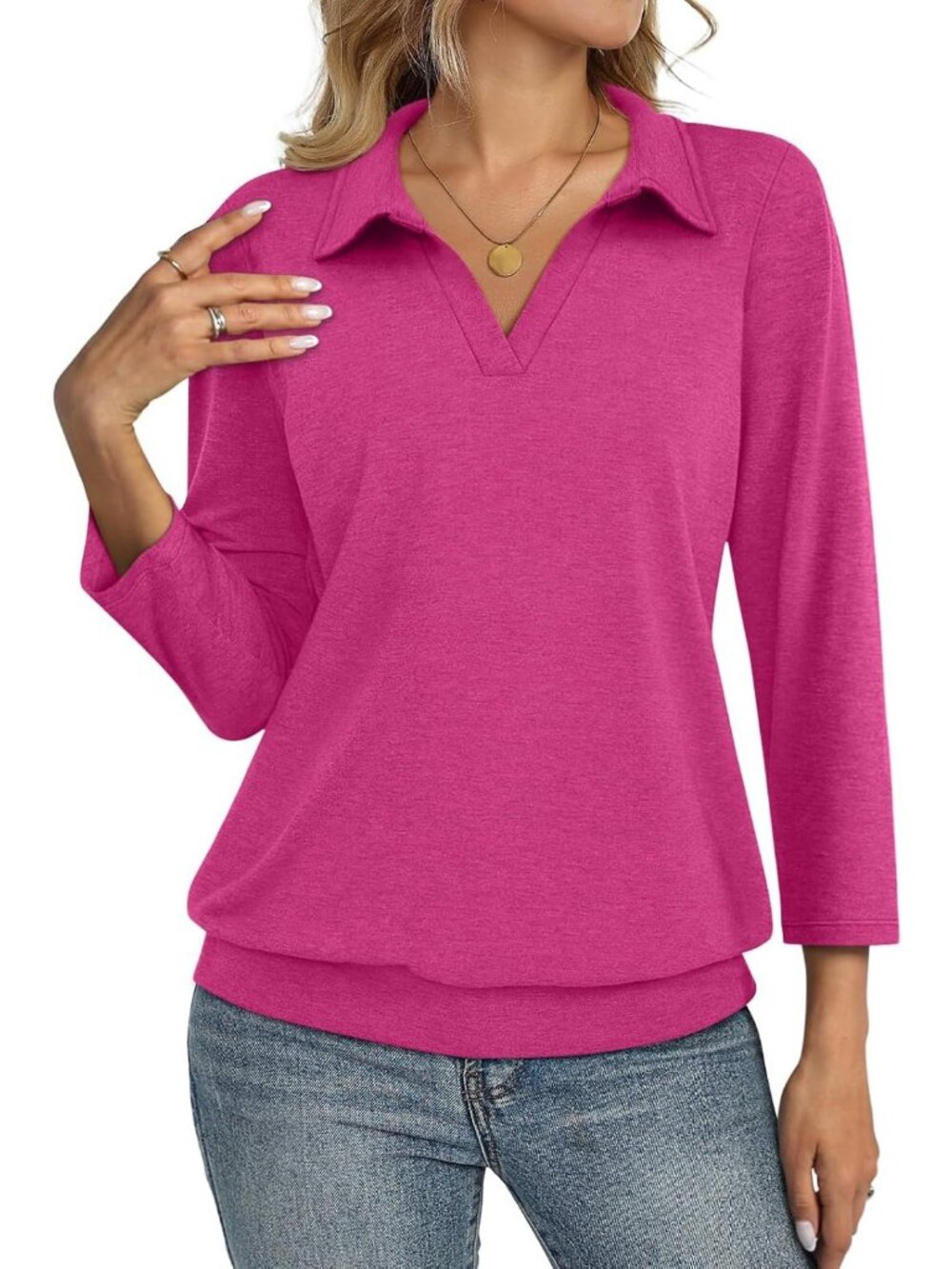 Women's Hot Pink V Neck Banded Bottom 3/4 Sleeve Shirts Collared Casual Blouses